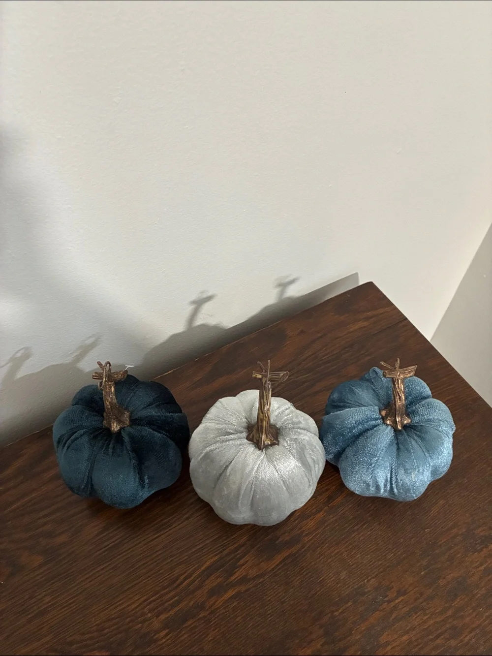 NWT Set of 3- Velvet Pumpkins- Dark Blue, Silver, Teal Fall Holiday Decorations